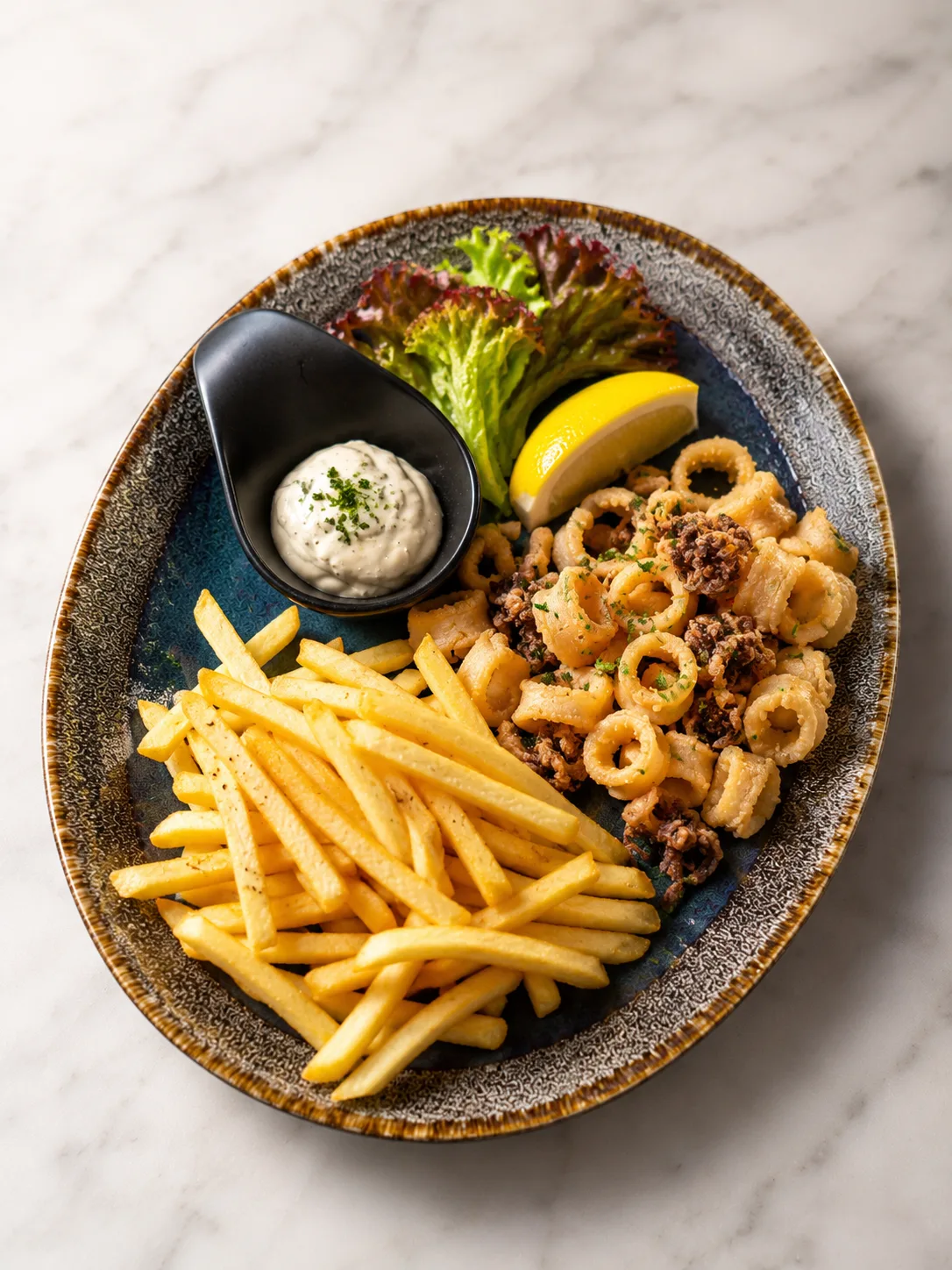 Frittierte Calamari mit Pommes frites, Sauce Tartare und Zitrone