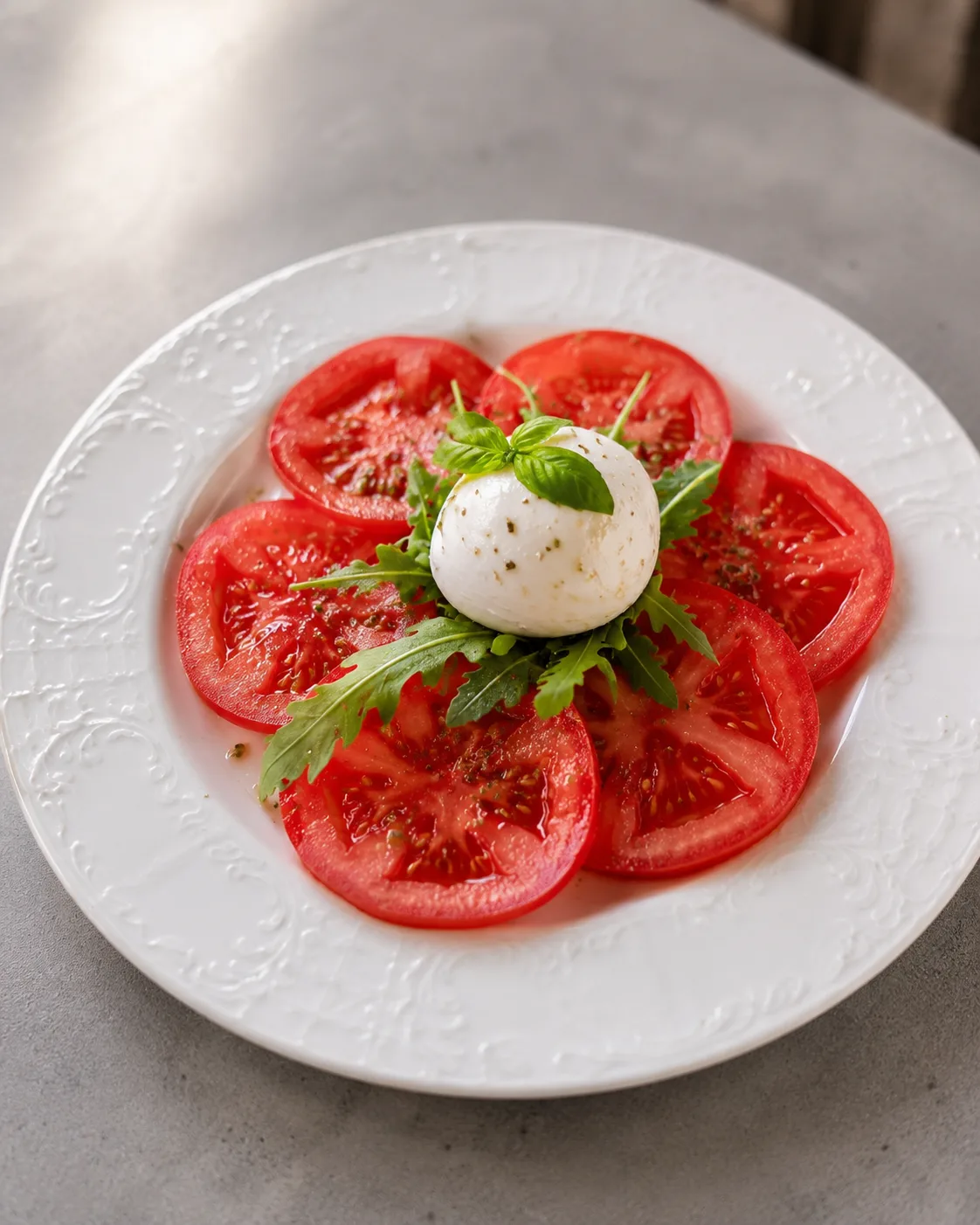 Insalata Caprese – Tomaten, Büffelmozzarella, Basilikum und Rucola auf weißem Teller
