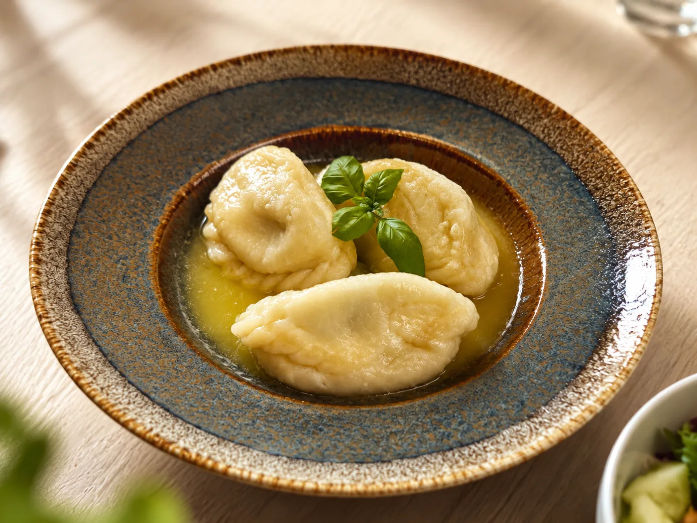 Hausgemachte gefüllte Teigtaschen in brauner Butter mit Basilikum